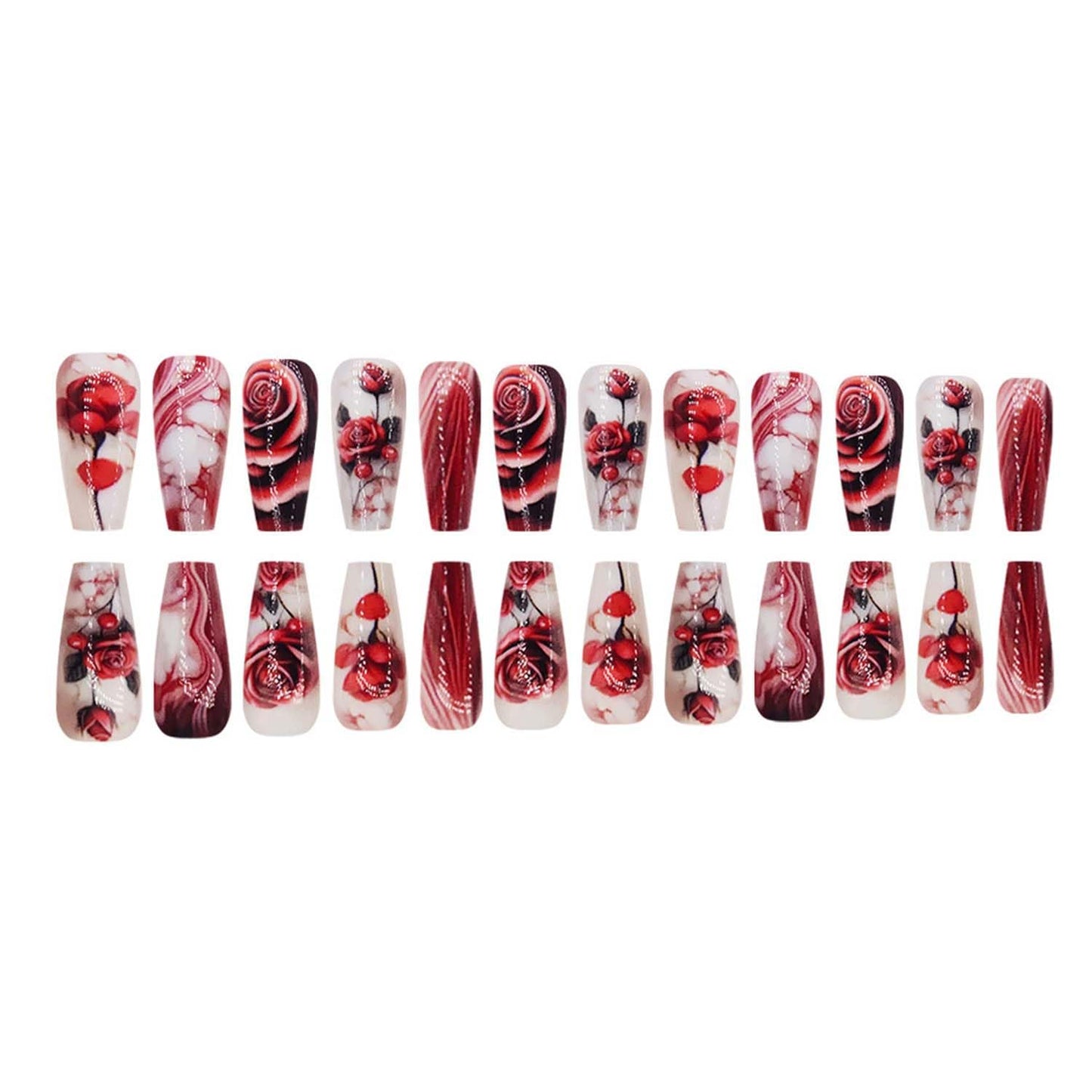 24pcs Rose Press On Nails Medium Coffin Fake Nails Flower With Gradient Design Red Acrylic Nails Full Cover Artificial Nails Glossy Glue On Nails Reusable Stick On Nails For Women Manicure