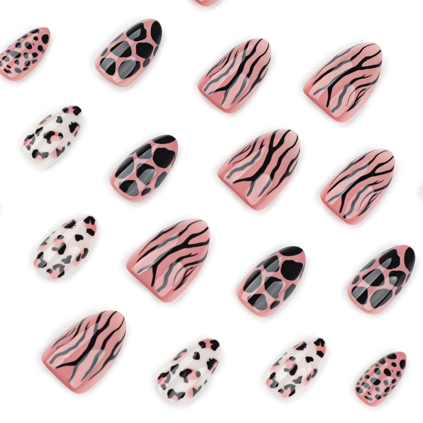IMSOHOT Press on Nails Medium Almond Fake Nails Glossy Brown Acrylic Fake Nails with Leopard Print, Zebra Stripes Designs Stick on Fingernails Full Cover Gel Glue on Nail for Women 24Pcs