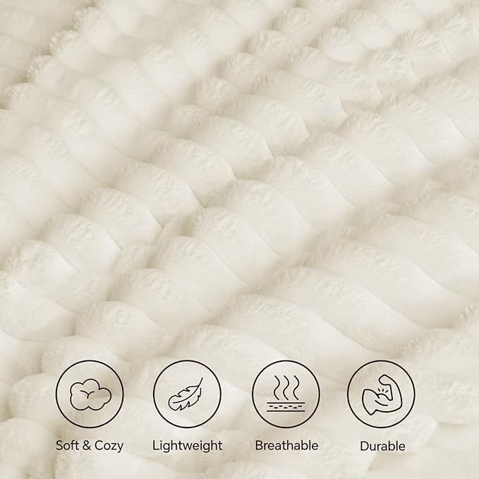 INFIIXSO Sherpa Fleece Queen Size Blanket - Super Soft & Warm Striped Fleece, Cozy Plush Fluffy Large Bed Blanket All Season Use (Cream, 90x90 Inches)