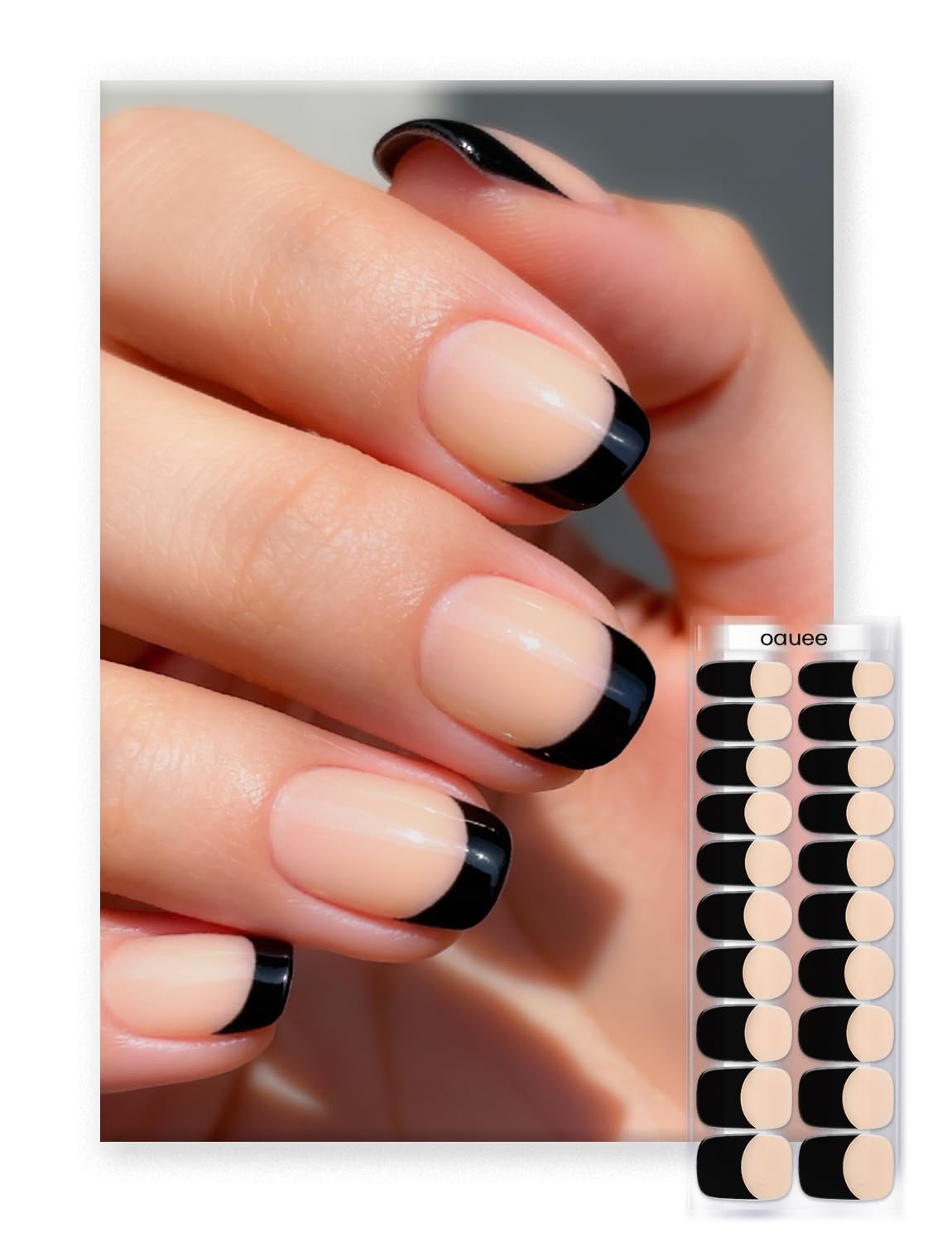 Oauee Semi Cured Gel Nail Strips | Built-In Gel Top Coat | UV Light Required | Salon Quality, Easy Application And Removal (Black French)
