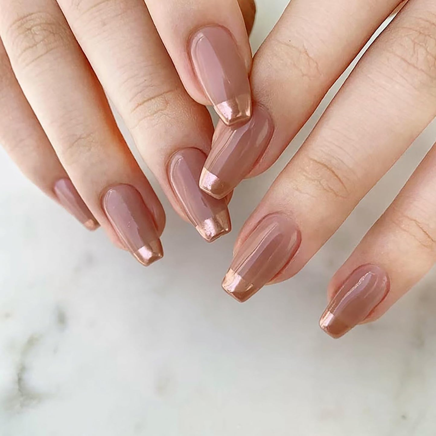 Medium Coffin Press on Nails Gold French Tip Fake Nails Nude Pink Nails Press ons Acrylic Nails False Glossy Artificial Full Cover Stick on Nails for Women Girls 24 Pcs