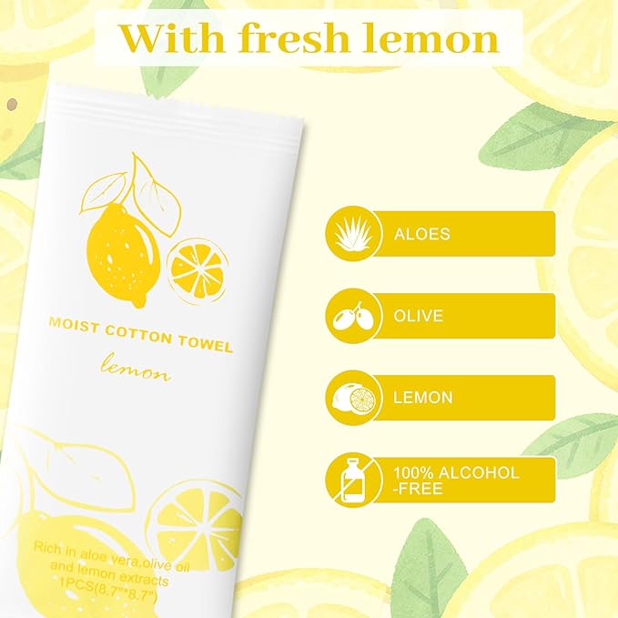 Moist Cotton Towel Bulk Moist Towelettes Individually Wrapped,White Towel Services,Refreshment Pre Moistened Towels for Dentist Travel Sport Party Hotel 50,Lemon