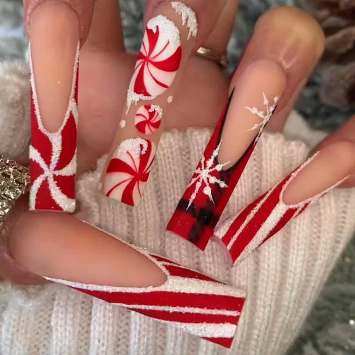 Christmas Press on Nails Long Square Fake Nails French False Nails with Designs Candy Cane Glitter Snowflake Glue on Nail Full Cover Acrylic Nails Winter Xmas Stick on Nail for Women 24Pcs