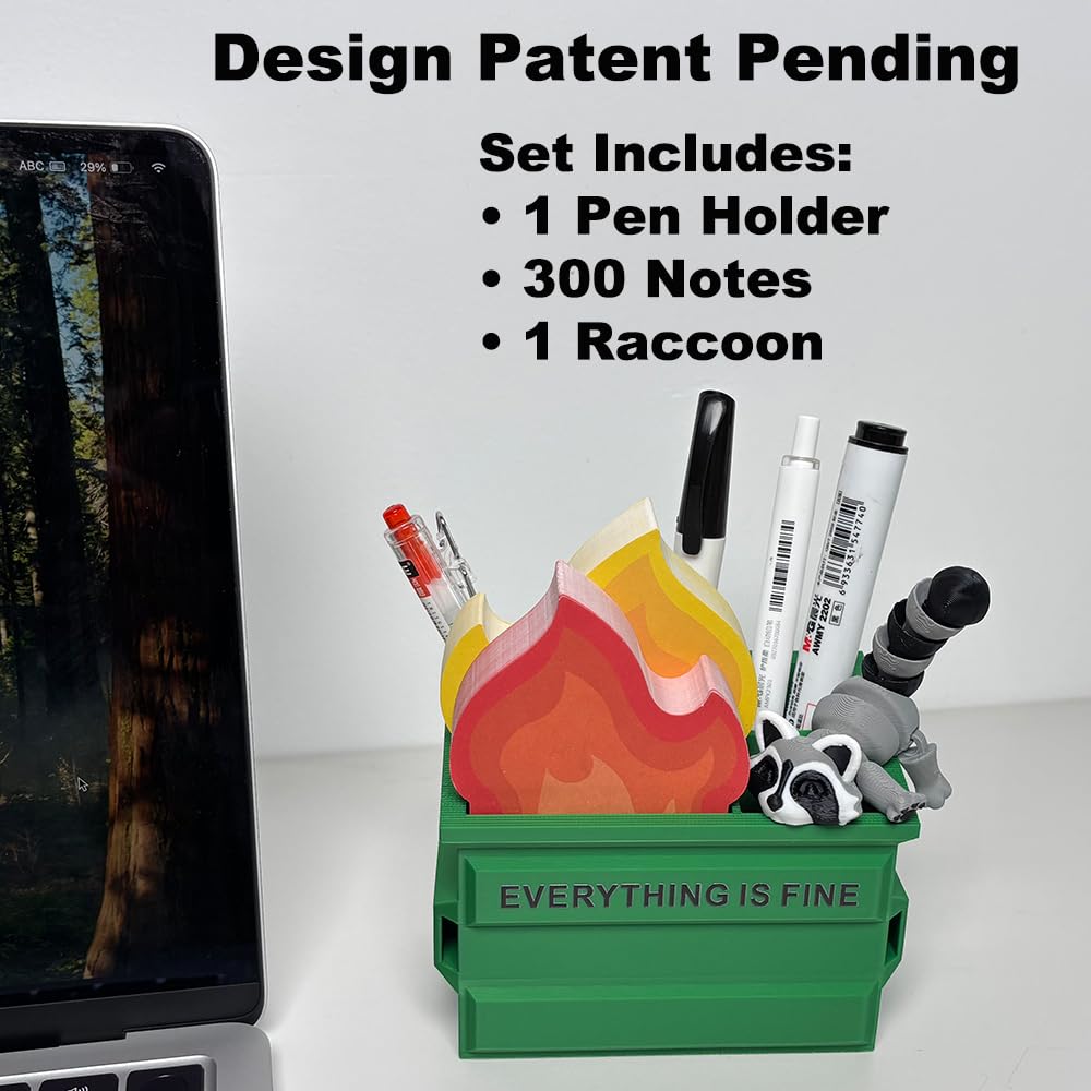 Infmetry Funny Garbage Can Fire Pen Holder with 300 Sticky Notes – Cute Desk Organizer for Office, White Elephant Gag Gift for Coworkers, Men, Women – Unique Office Supplies & Decor