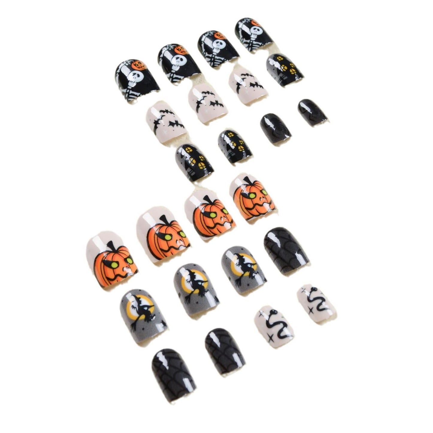 Halloween Press on Nails Short Fake Nails Full Cover Black Nude Grey False Nails with Snake Spider Web Bat Pumpkin Castle Skeleton Designs Acrylic Nails Stick on Nails for Women Manicure24pcs