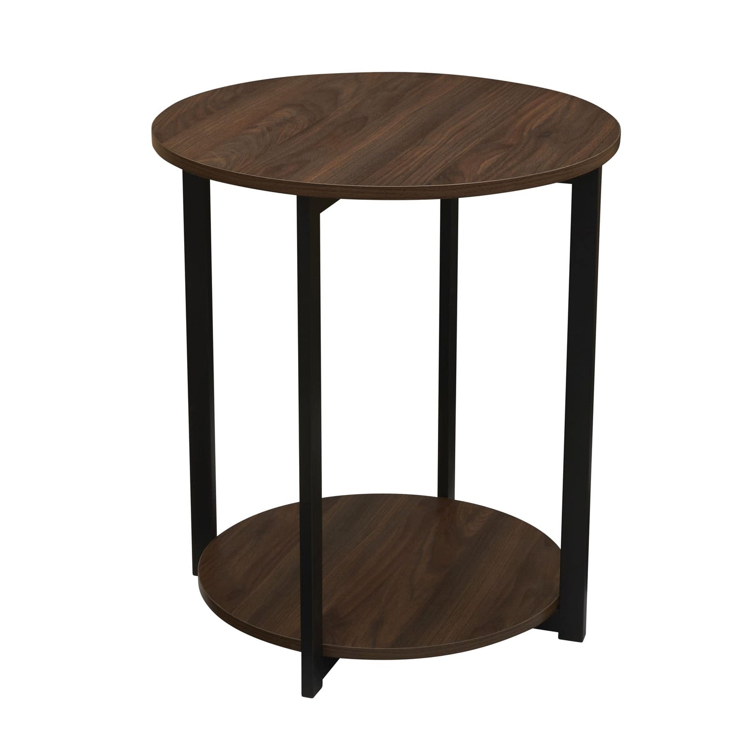 Household Essentials Jamestown Round Side End Table with Storage Shelf Mid Century Walnut Wood Grain and Black Metal