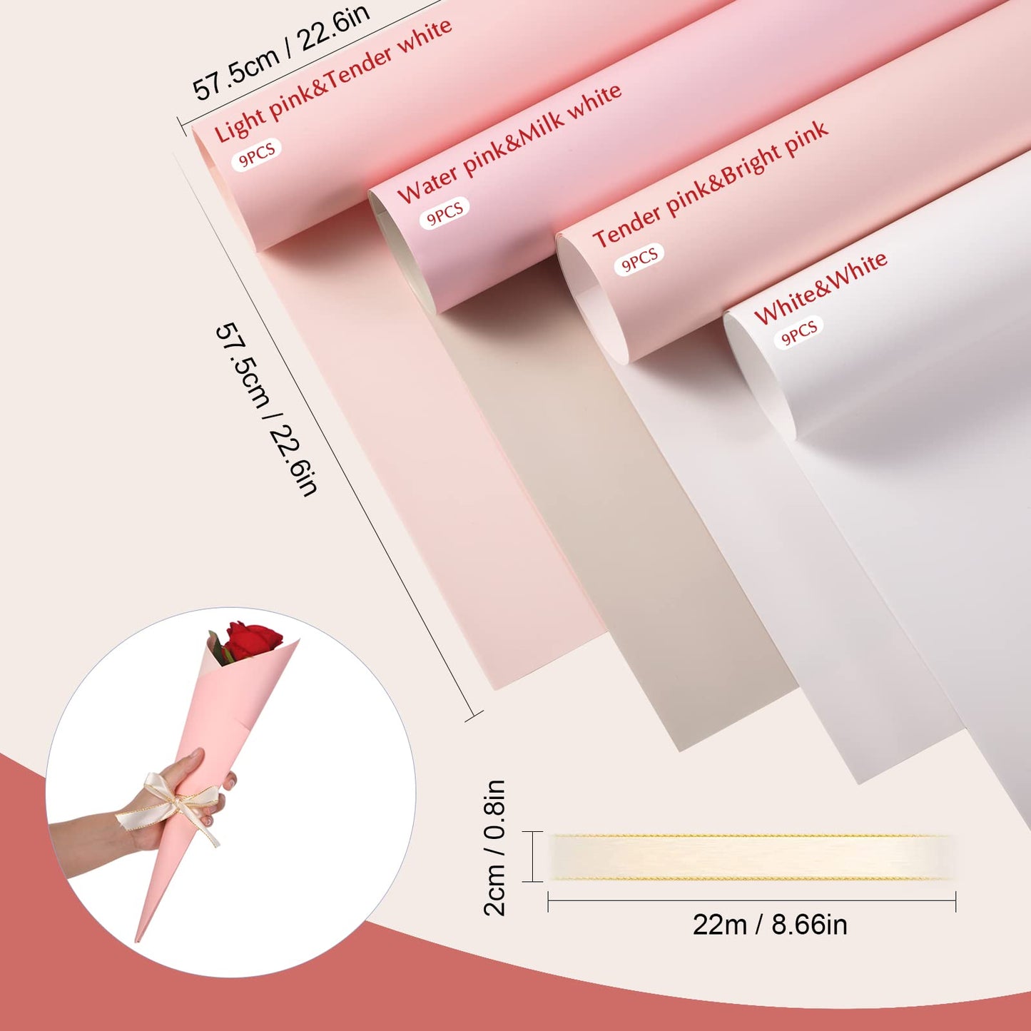 Gersoniel 36 Sheets Double Sided Waterproof Bouquet Wrapping Paper with 2 Rolls Satin Ribbon for Wedding Mother's Day 2026 Graduation Birthday DIY Flower Packing(Pink Series)
