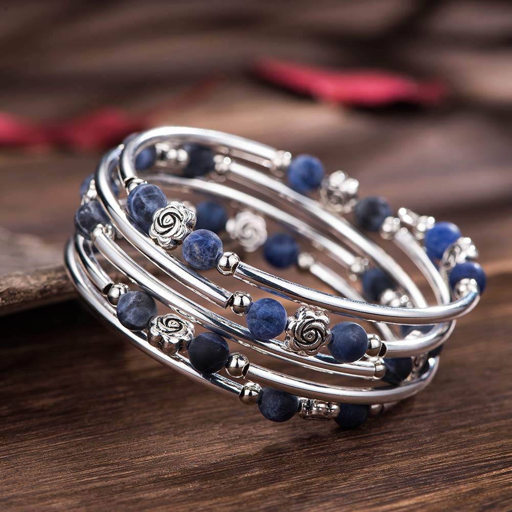 BULINLIN Wrap Bangle Rose Bead Bracelet - Beaded Bracelet with Natural Agate Stone Gifts For Women(01-Navy blue)