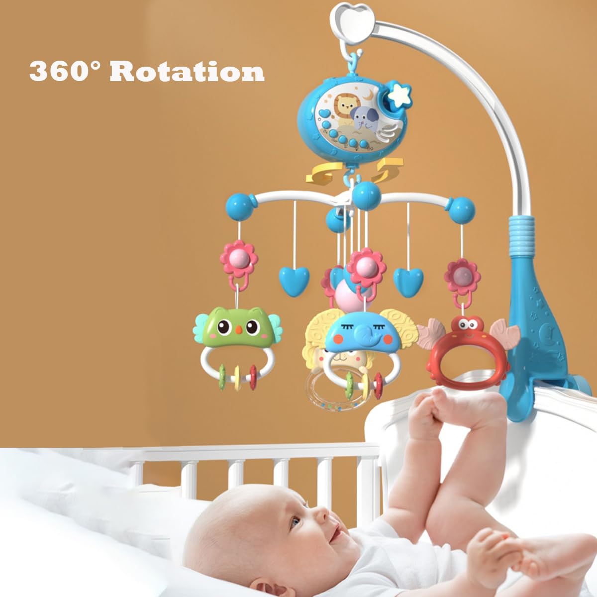 Baby Crib Mobile with Music and Light, Crib Toy with Remote Control ＆ Timming Function, Projector Rotating Hanging Rattles Toys Baby Mobile Gift Toy for 0-24 Moths Boys and Girls