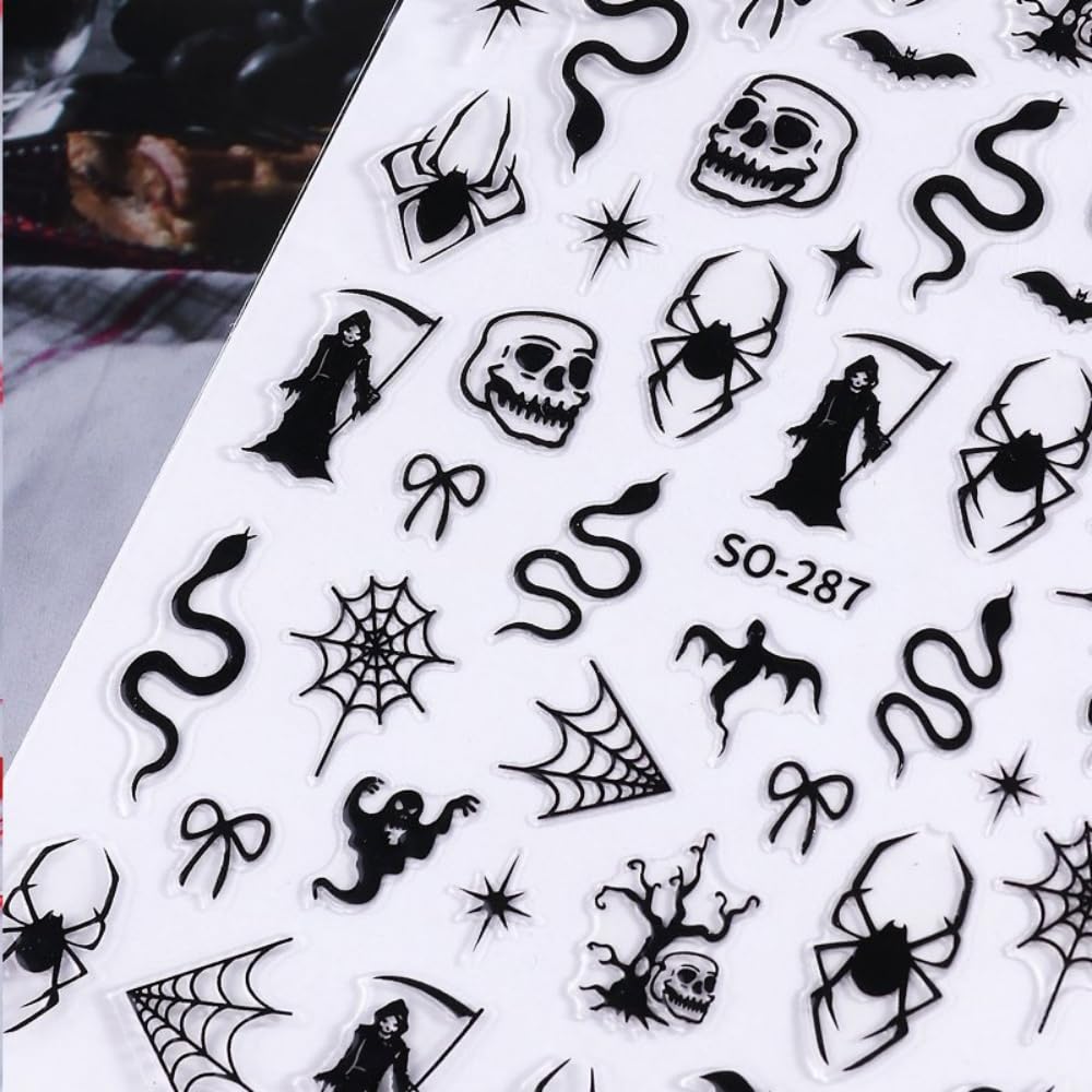 2 Sheets Halloween Nail Stickers Black Red Snake Nail Designs Self-Adhesive Spider Web Nail Decals Cute Bow Nail Art Stickers Skeleton Sticker Manicure Accessories for Women Girls DIY Acrylic Nails