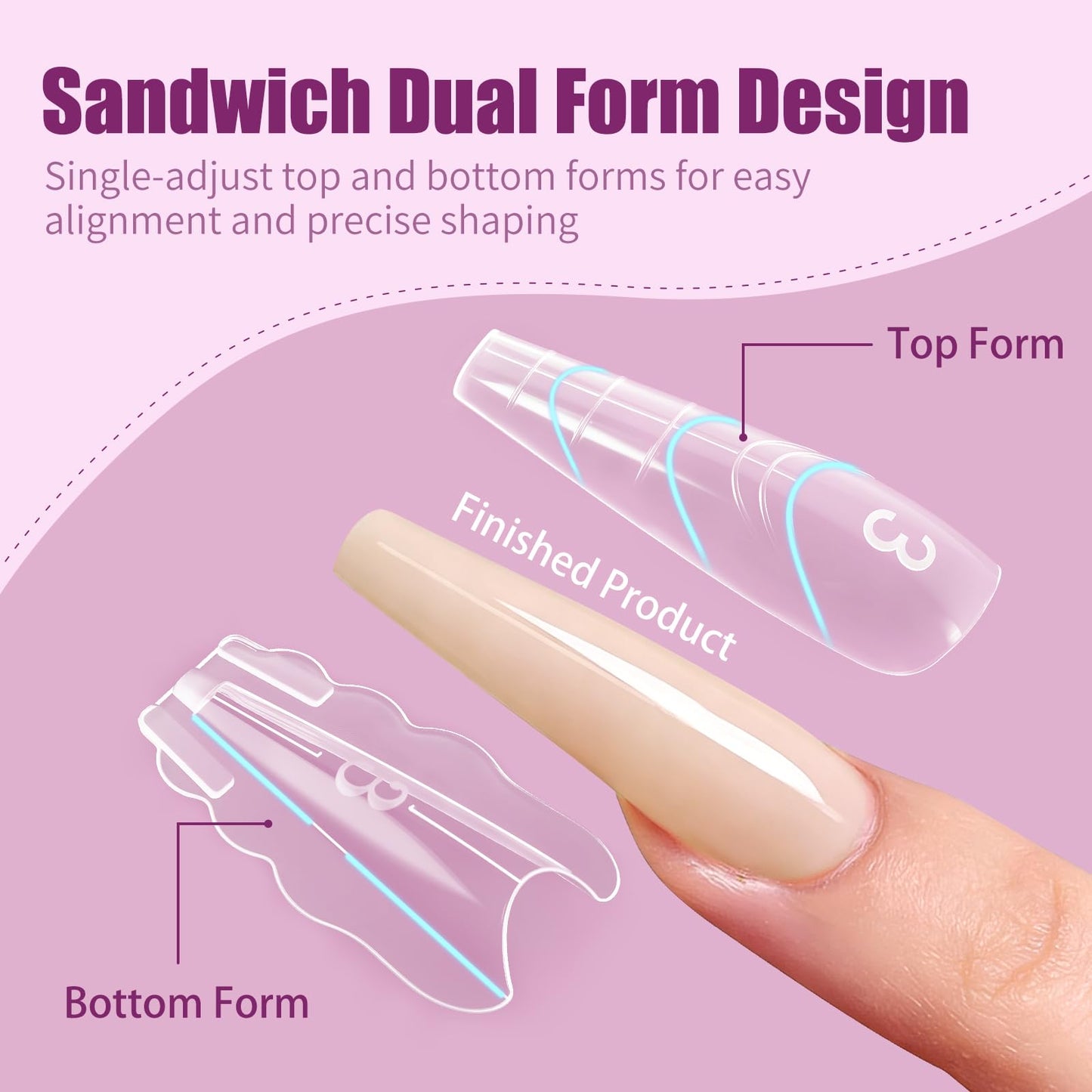 Vnjaoi 280 Pcs Original Sandwich Nails Dual Form with Guide Lines Long Ballerina Nail Mold for Builder Gel Nail Extensions Art Design Salon DIY at Home
