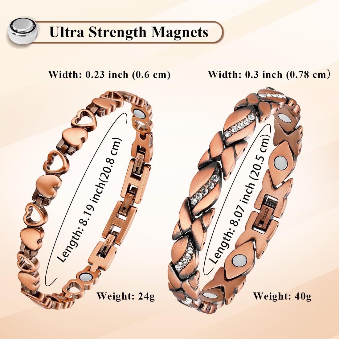 Vicmag Copper Magnetic Bracelet for Women Magnets Brazaletes 99.9% Solid Pure Copper Jewelry Gift for Her (Adjustable Size with Gift Box) (2PCS Love Heart)