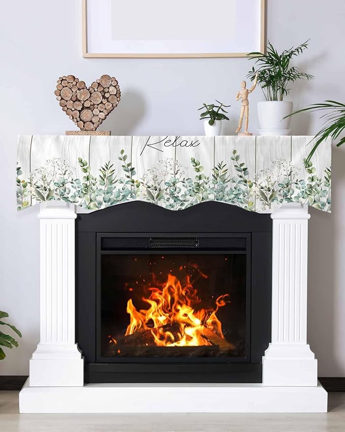 Green Eucalyptus Leaves Fireplace Mantel Scarf Table Runner, Summer Botanical Vintage Wooden Winter Garland Mantel Top Tablerunners Dresser Scarves Decorations for Windows Party Living Room 60''x17''