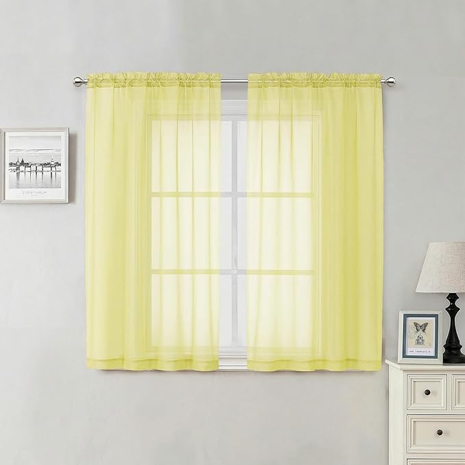 Lecloud Goose Yellow Sheer Curtains 54 Inch Length 2 Panels, Voile Light Filtering Bedroom Curtains for Living Room Windows, Rod Pocket Rustic Solid Drapes for Dining Room, Each Panel 42" W x 54" L