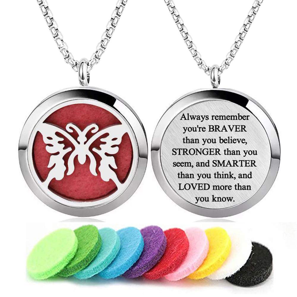 Aromatherapy Essential Oil Diffuser Necklace 316L Stainless Steel Locket Pendant with 24 Inch Chain (Butterfly)