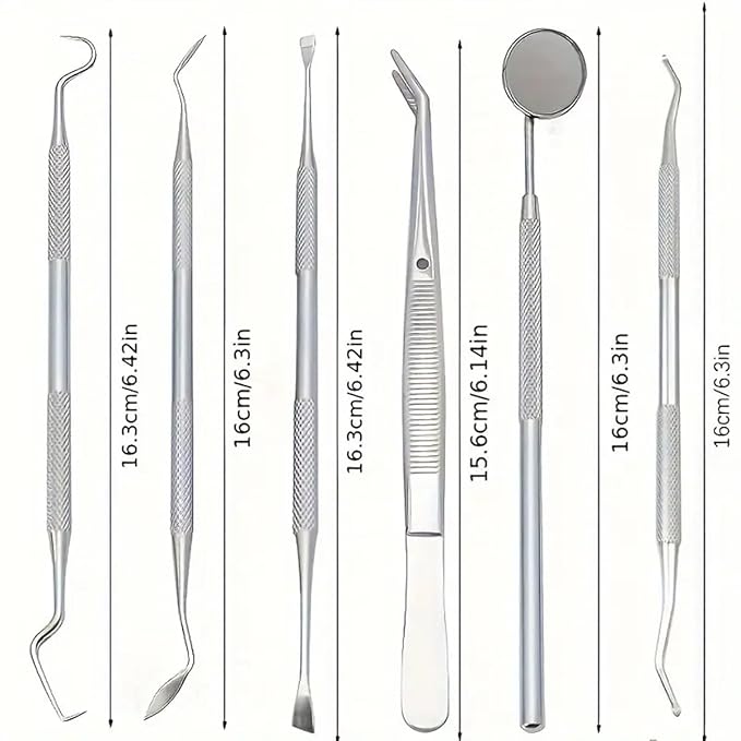 Stainless Steel Dental Kit - 6 Pack Dental Tools with Tooth Mirror, Dental Hygiene Kit for Adults, Kids, Dogs with Mirror, Picks, Travel Case (S)