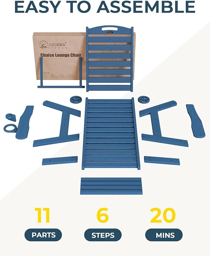Outdoor Chaise Lounge Chair Set of 2, Patio Lounge Chairs for Outside, HDPE Lounge Chair with Wheels & Cup Holder, Poly Chair with 5 Position for Poolside, Deck, Navy Blue