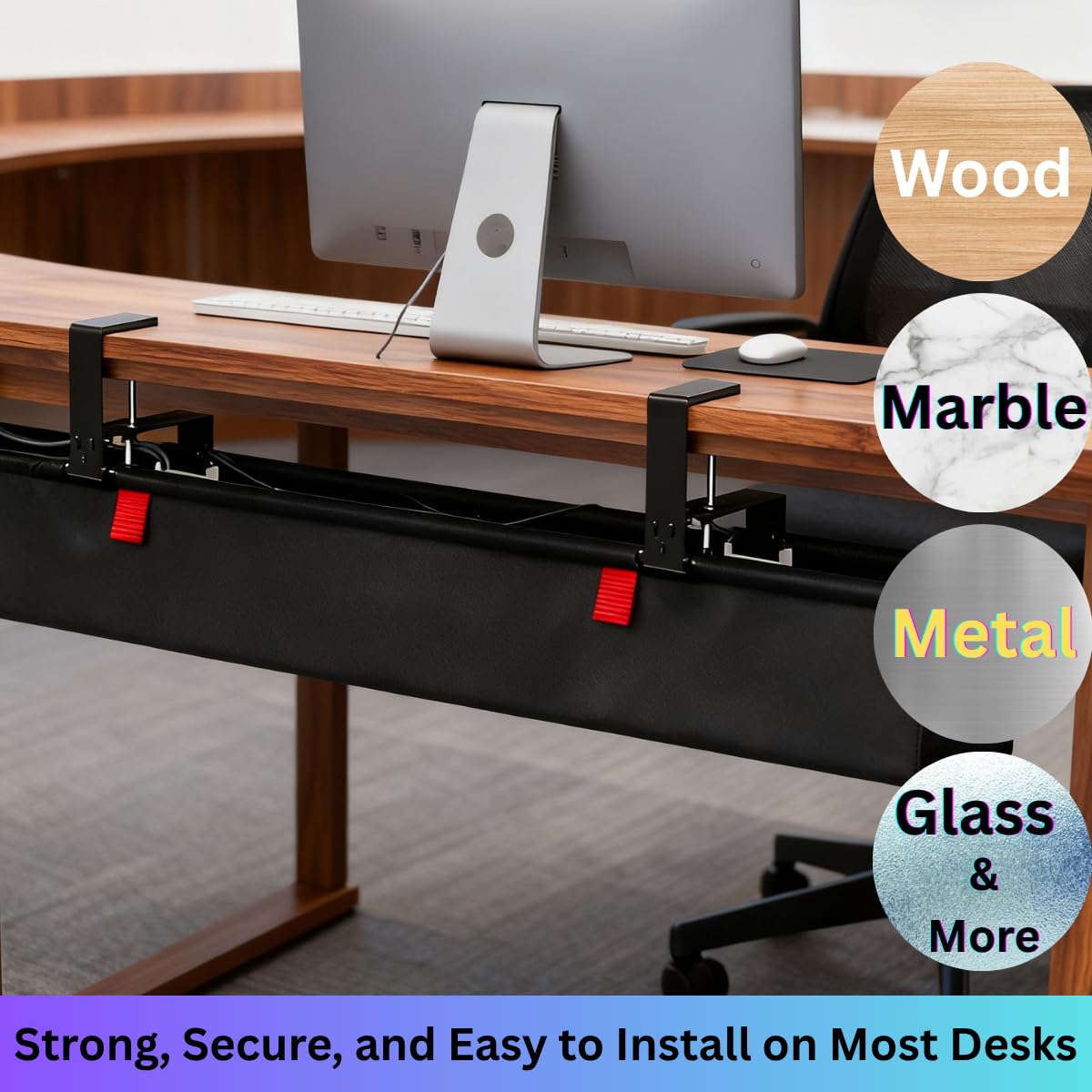 Under Desk Cable Management Tray, 48" Extra Large No Drill Cord Organizer with Easy to Clean Oxford Fabric, Clamp On Power Stripe Holder for Office, Home Office & Gaming Space