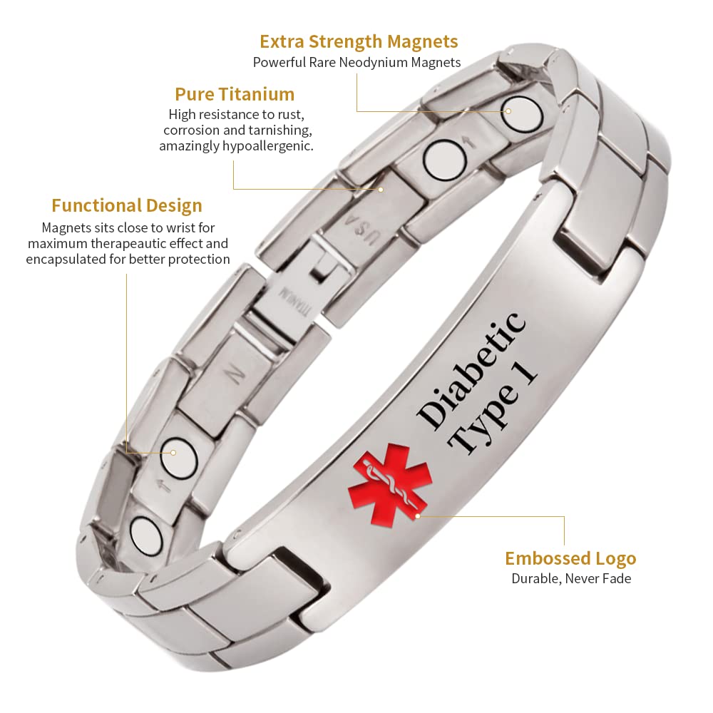 EnerMagiX Medical Id Bracelets for Men Women, Titanium Personalized Engrave Alert Id Bracelet for Type 2 Diabetes,Type 1 Diabetes, Apixaban (Type 1 Bracelets)