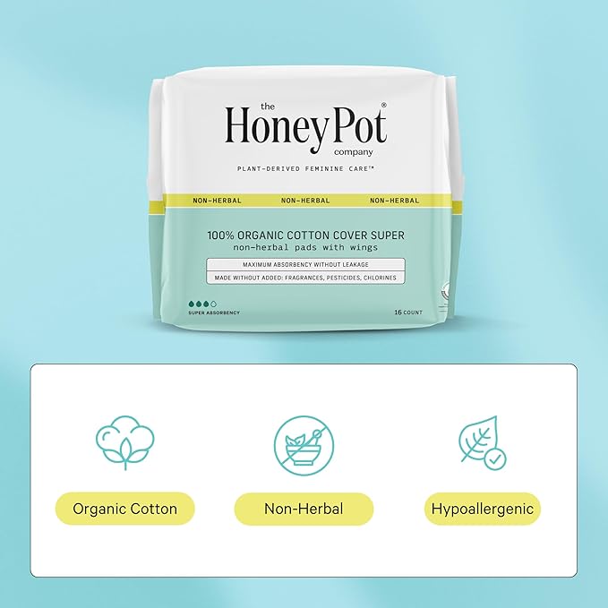 The Honey Pot Company - 64ct - Sanitary Pads for Women - Non-Herbal Super w/Wings - Organic - Cotton Cover, & Ultra-Absorbent Pulp Core - Feminine Care - FSA & HSA