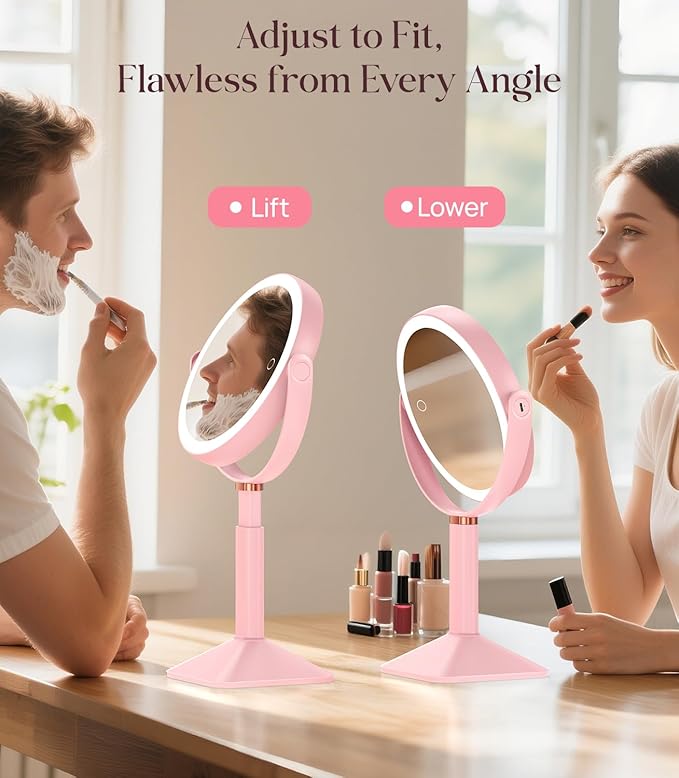 Gospire 20X Magnifying Vanity Mirror with Lights - Height Adjustable Lighted Makeup Mirror with Magnification, 4000mAh Rechargeable Battery, 3 Colored Dimmable Light for Desk Home Travel, Pink