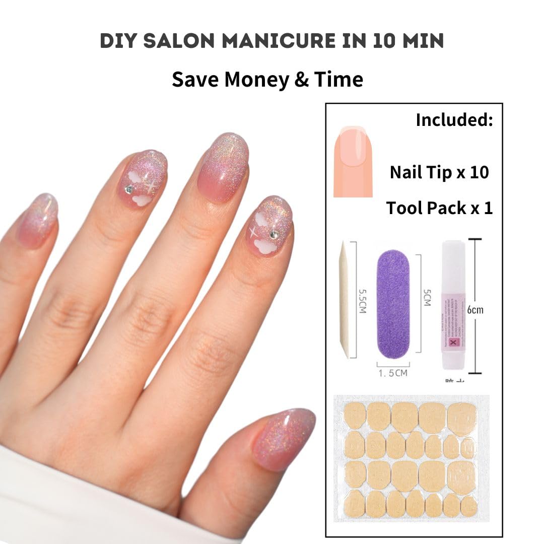 Hanakoko Press on Nails - Handmade 3D Short Medium Oval Almond Fake Nails, Glitter Cat Eye Gel, Durable Reusable False Nails 10 Pcs (Dream Rainbow, XS)