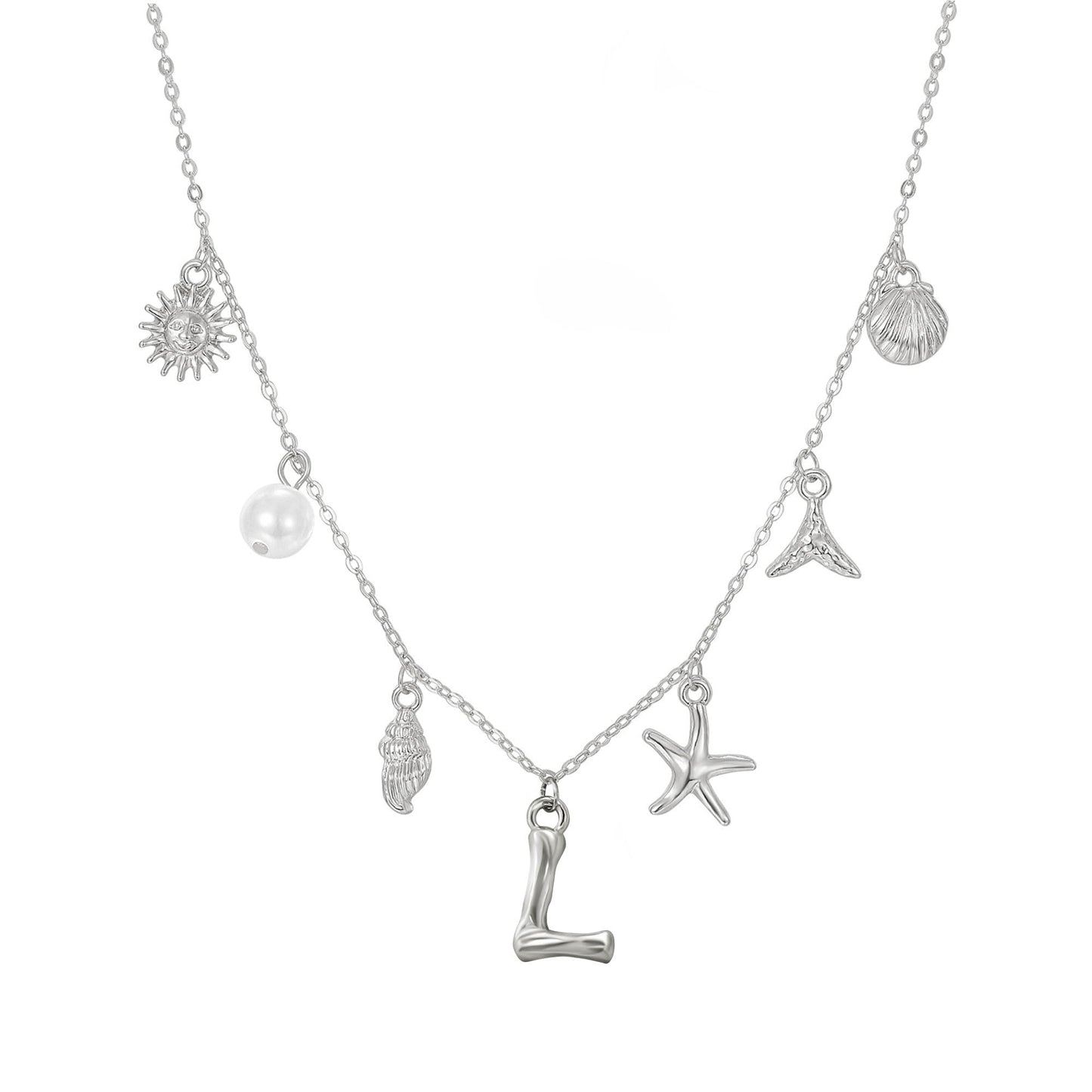 JALZEMPL Initial Charm Necklace For Women Seashell Shell Letter Boho Summer Beach Starfish 14k Gold Plated Silver Pendant Surfer Jewelry Gifts (L,Silver)
