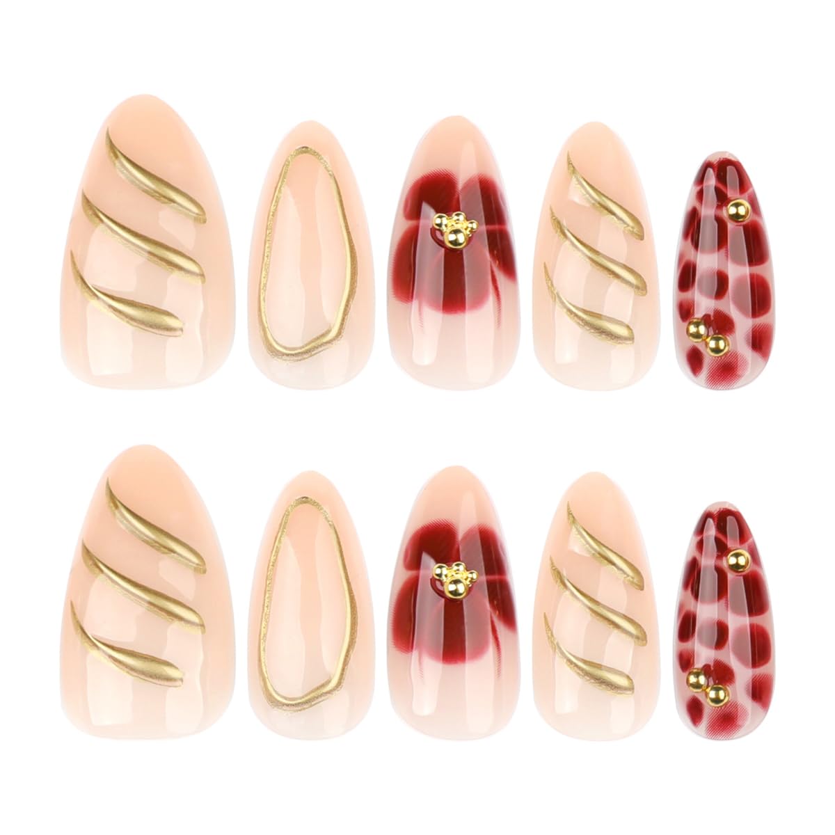 Medium Almond Press on Nails - 3D Gold Line, Red Flower & Alligator Print Design, Full Cover Glossy Fake Nails 24PCS for Women
