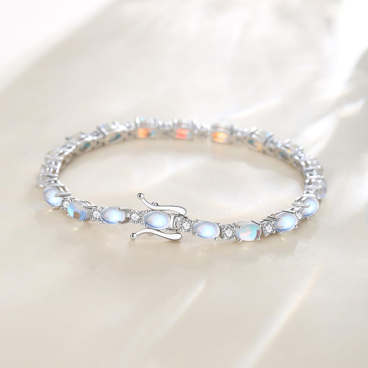 FANCIME Sterling Silver Created Moonstone Tennis Bracelet June Birthstone Bracelet Oval Gemstone Dainty Fine Jewelry for Women 7"