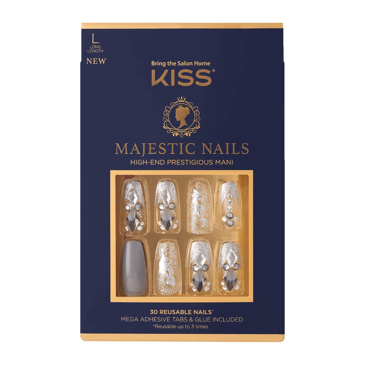 KISS Majestic Nails High-End Prestigious Manicure - Style 'Sparkle', 30 Reusable Nails, Pink Gel Nail Glue NET WT 2 g (0.07 oz.), 48 Adhesive Tabs, Mini File, 2 Manicure Sticks, 2 Prep Pads