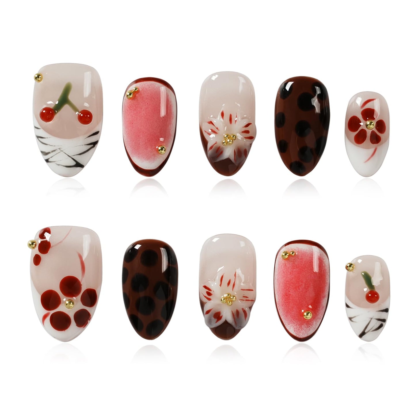 Tesytto Handmade Short Almond Press on Nails Leopard Print French Tip, Cherry Floral Coffee Dot Glossy False Nails, Reusable Acrylic Fake Nails for Women (Leopard Cherry Fun, M)