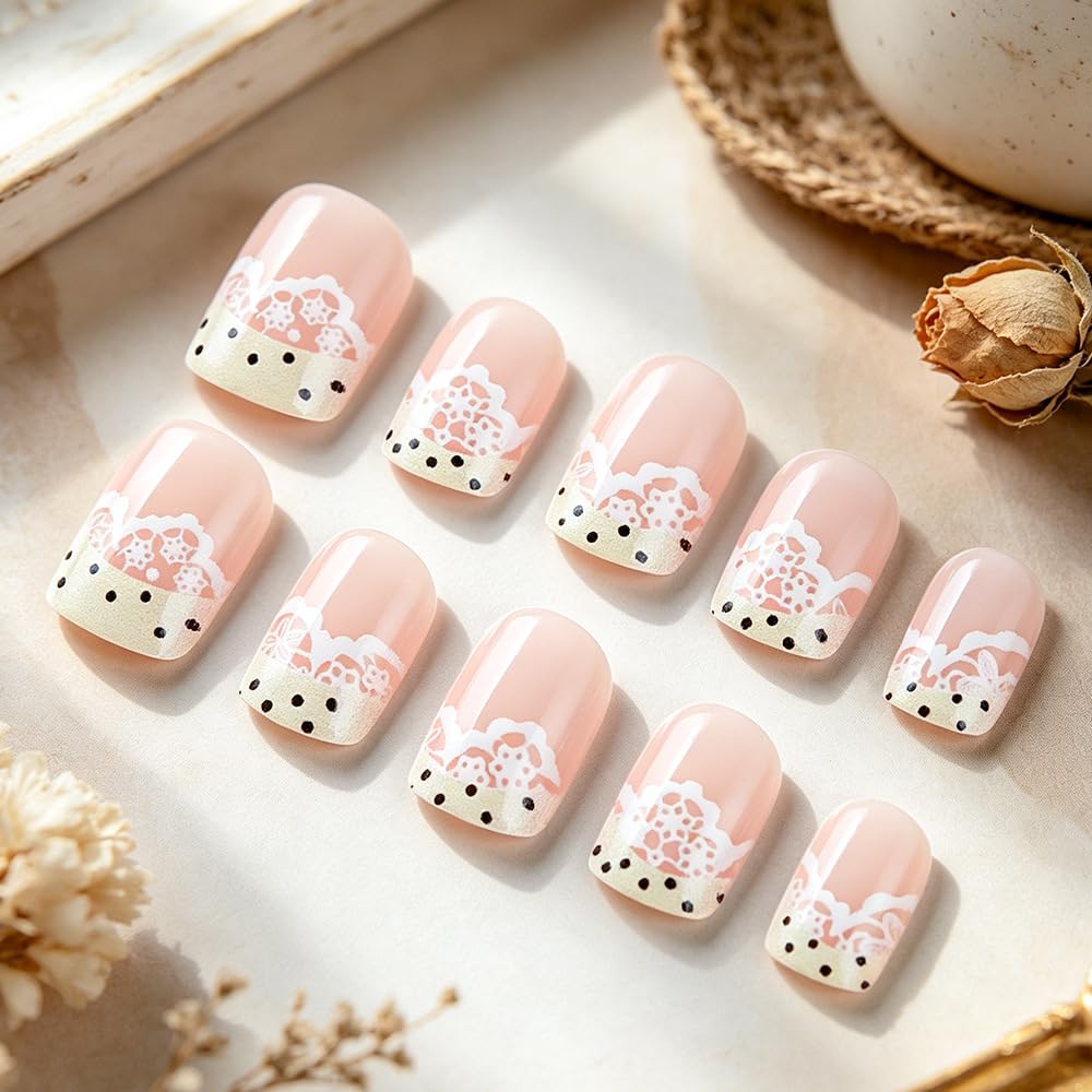 Short Square Press on Nails French Tip Fake Nails Polka Dot False Nails Nude Pink Glue on Nails Cute Lace Acrylic Nails Beige Stick on Nails for Women Manicure 24Pcs