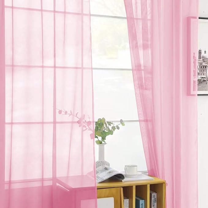 SpaceDresser Sheer Voile Window Treatment Rod Pocket Curtain Panels for Kitchen Bedroom Living Room Drapes Sunlight Filtering Privacy Semi Home Decor Assorted (Light Pink, 52 W x 96 L)