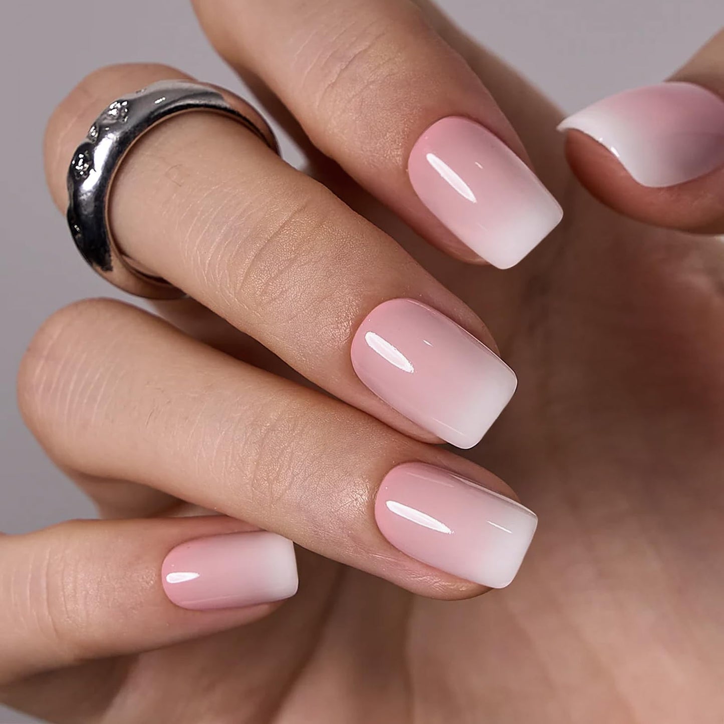 Curvlife Soft Gel Press on Nails Short Square Beige White Pink False Fake Acrylic Nails with Apricot Design Full Cover Nails Glossy Nude Artificial Stick on Nails for Women