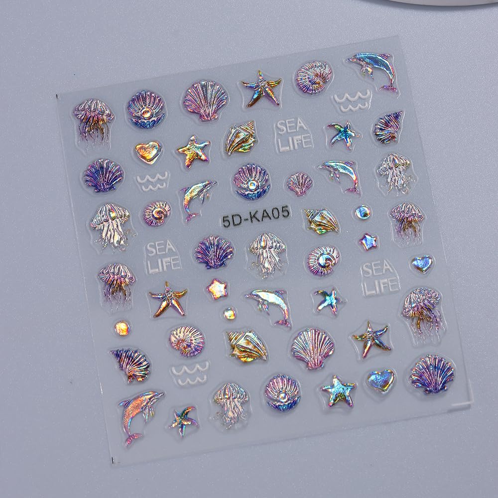 SIMAYKUWA 5D Nail Art Stickers - 3D Shell Octopus Relief Design with Shimmer Glitter for DIY Manicure, Ocean Theme False Nail Decorations A Set of 3 Sheets