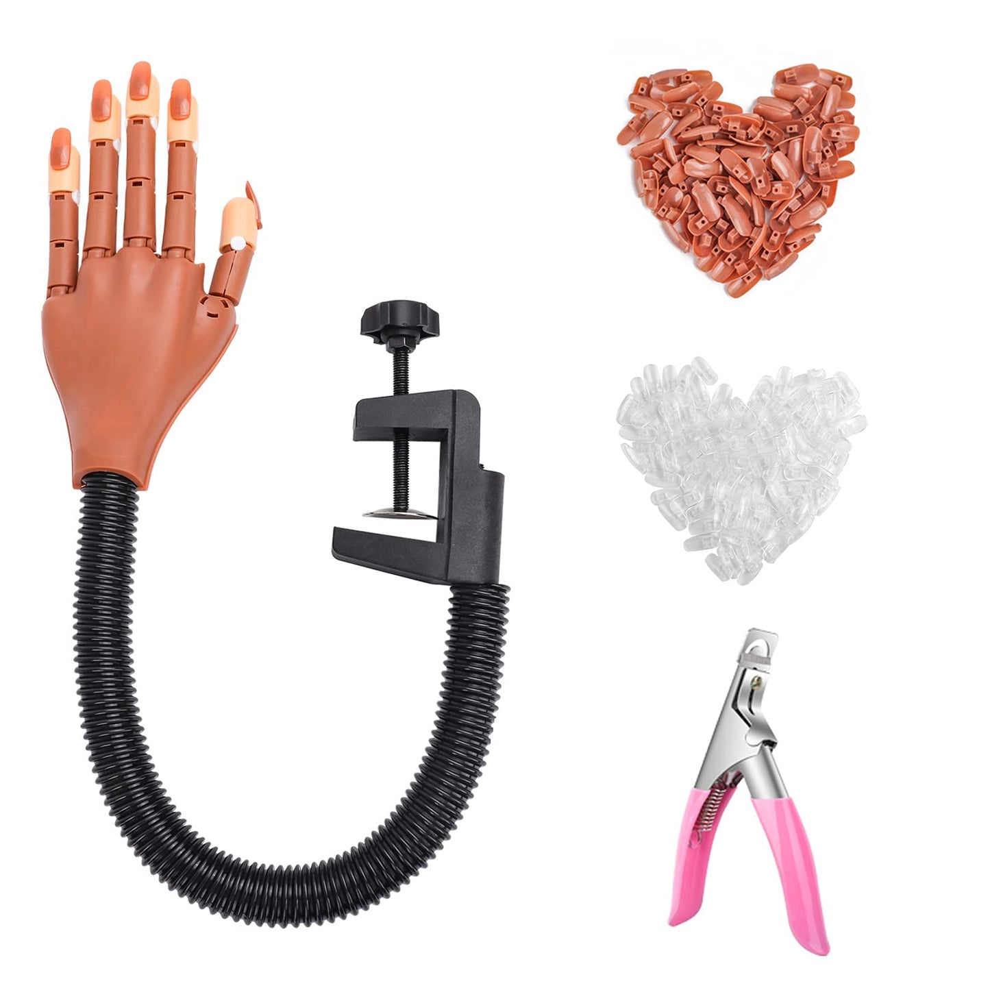 LIONVISON Practice Hand for Acrylic Nails-Flexible Moveable Fake Hand for Nail Practice, False Nail Mannequin Hands Training with 200PCS Replacement Tips and 1 Clipper