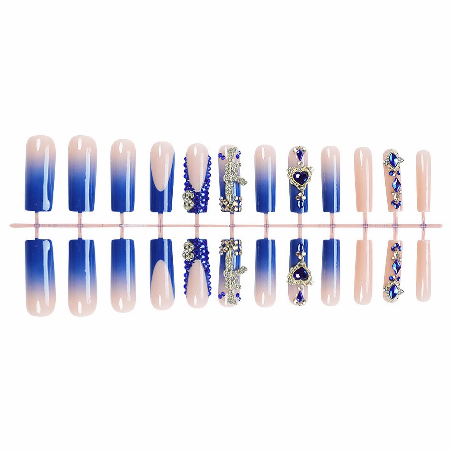 MISUD Press on Nails - Long Square Glue on Nails with Royal Blue, Acrylic Y2K Gun Rhinestone Design 24 pcs