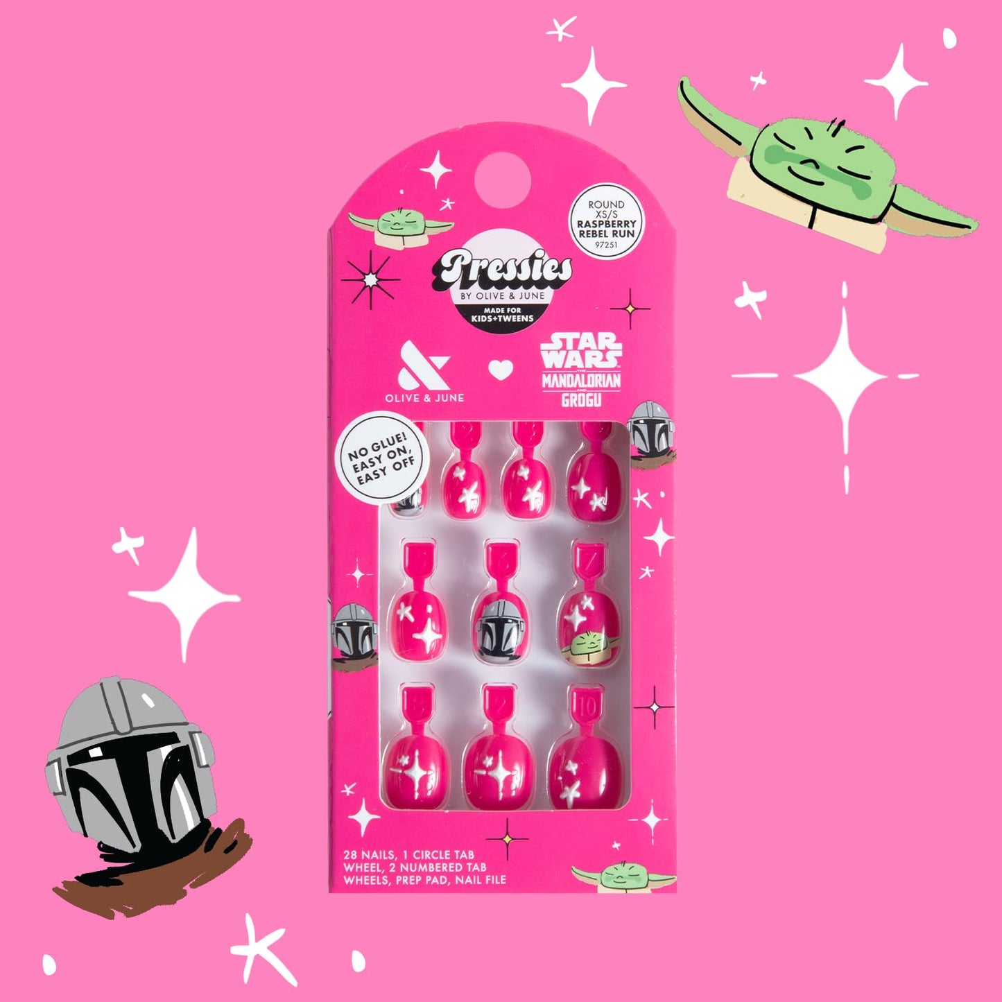 Olive & June Pressies Kids Press-On Nails (No Glue) | Star Wars: The Mandalorian & Grogu | 28 Fake Nails, 14 Sizes, 1 Nail File | Easy On-Off Mani Non-Toxic Tabs | XS/S, Round | Raspberry Rebel Run