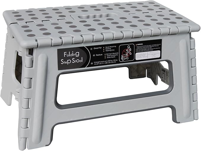 Folding Step Stool - 9inch Height Holds up 300 Lbs Lightweight Foldable Stepping is Sturdy Enough to Support Adults & Safe for Kids. Skid Resistant and Open with one flip(Gray)