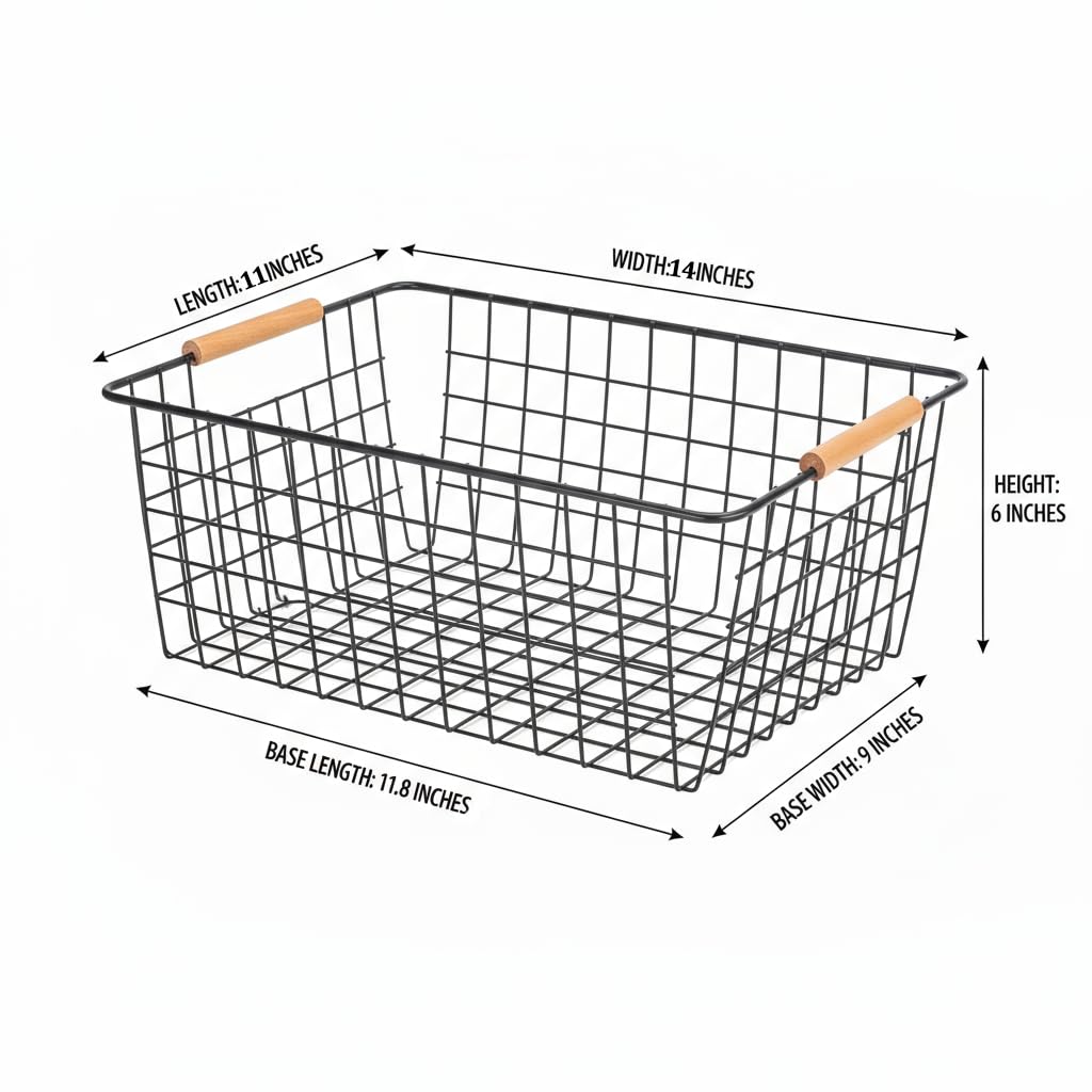 HDYOUDO 4 Pack Black Large Wire Baskets for Organization Metal Wire Food Storage Basket Organizer with Wooden Handles for Organizing Kitchen Cabinets