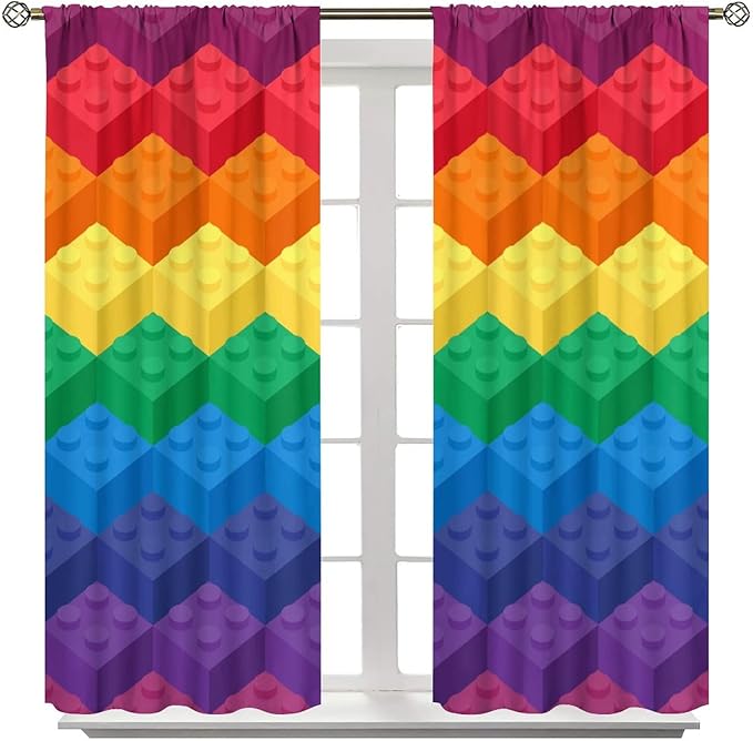 Colorful Building Blocks Cartoon Toy Printed Curtains, Bedroom, Living Room, Architecture, Curtains, Fun Brick 3D Design Curtains, Children's Living Room, Window Treatment Panels 2 Panels 55x63in
