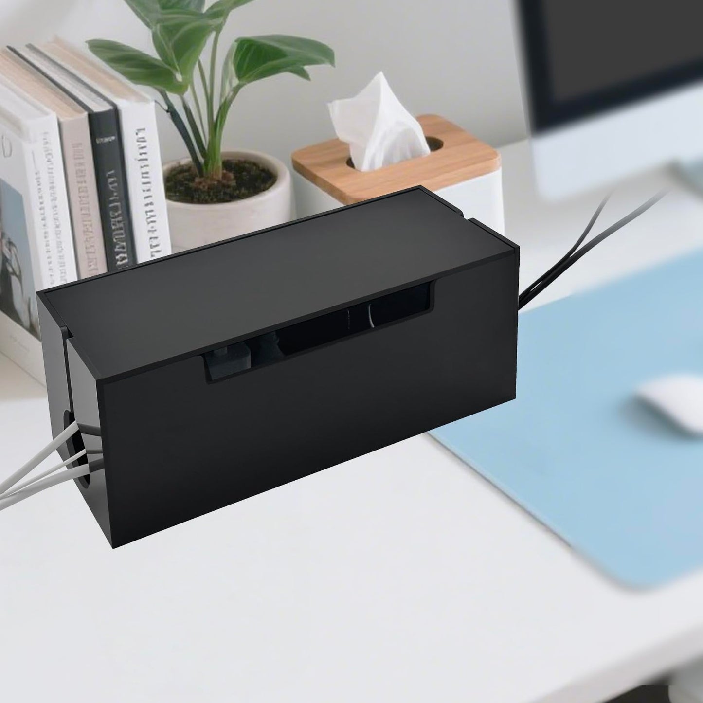 Cable Cord Organizer Box, 2 Open Slots Cords Hider Box, Under Desk Power Strip Organizer and Floor Cables Storage, Black