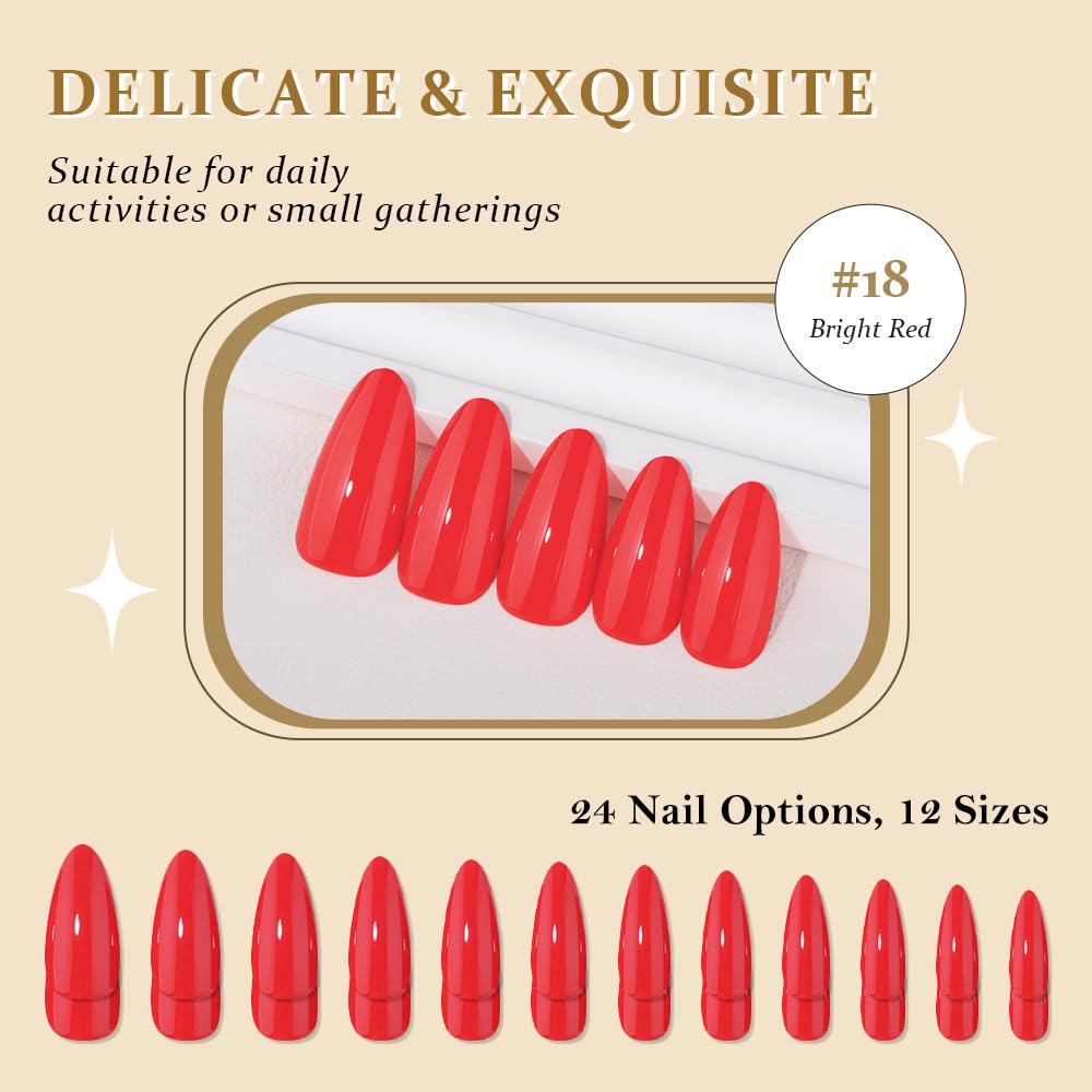 evpct Bright Red Medium Almond Glossy Press on Nails for Women Gift, Glossy Bright Red Fake Nail with Kits Manicure Kit, Soft Gel Full Cover Reusable Stick on Soft Acrylic False Nails Perfectly Fit