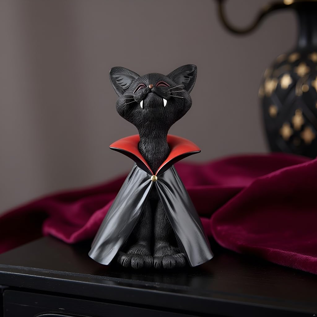 Whimsical Black Vampire Cat Figurine – Gothic Resin Halloween Decor for Cat Lovers – Whimsical Vampire Kitty Statue with Fangs and Cape – Spooky Cute Shelf Accent – Unique Gift for Pet or Horror Fans