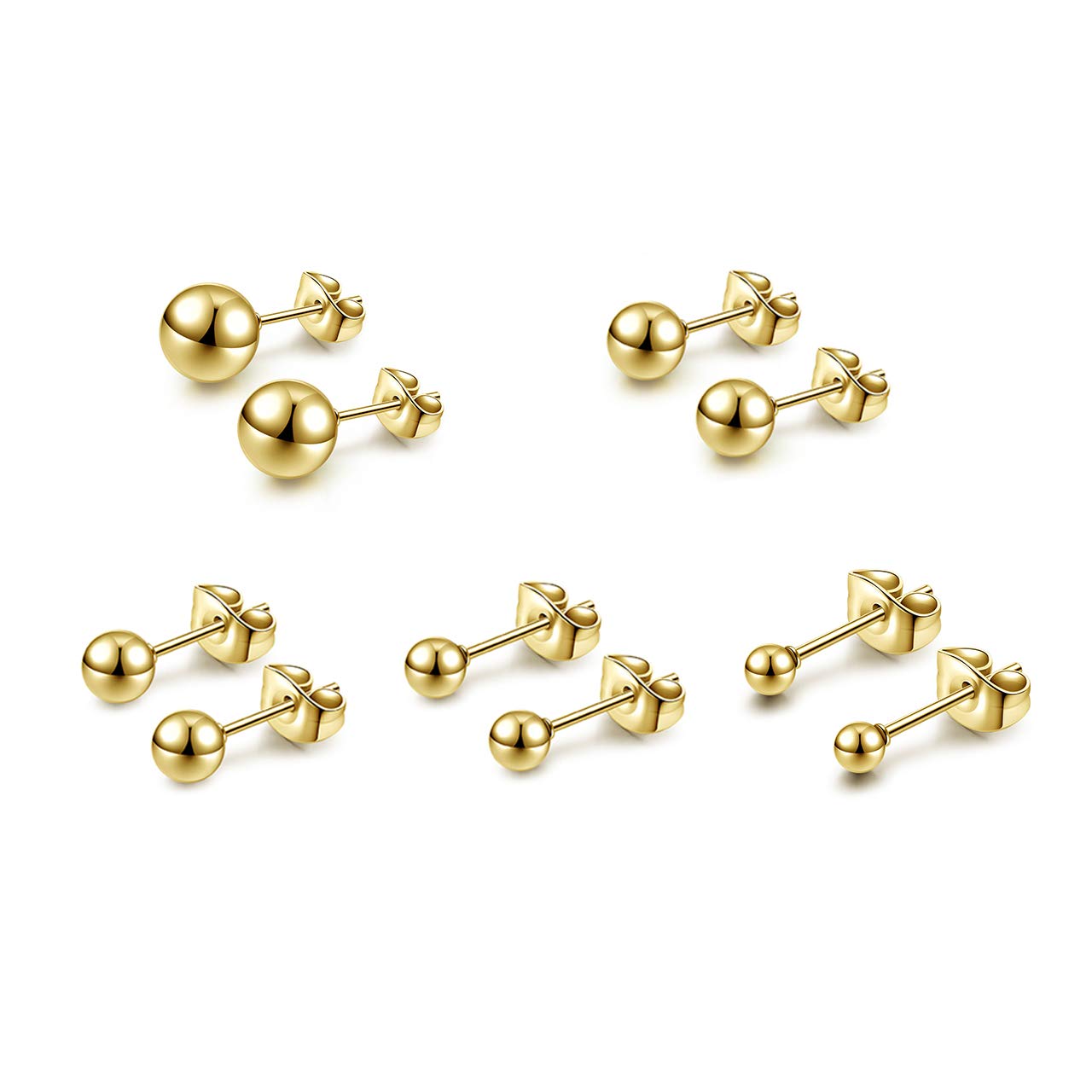 Top Plaza 10Pcs Hypoallergenic Stainless Steel Round Ball Earrings for Women Men Studs Earring Set 3mm-8mm(Gold)