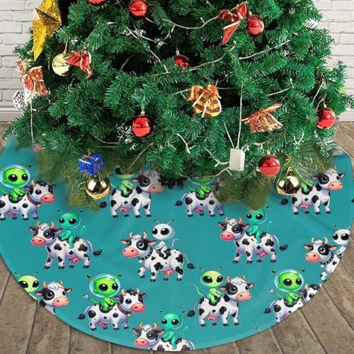Cute Cows and Aliens Christmas Tree Skirt, 36 inches Chicken Tree Skirts Xmas Mat Farmhouse Holiday Party New Year Supplies Ornaments Decorations for Mini Small Pencil Big Trees