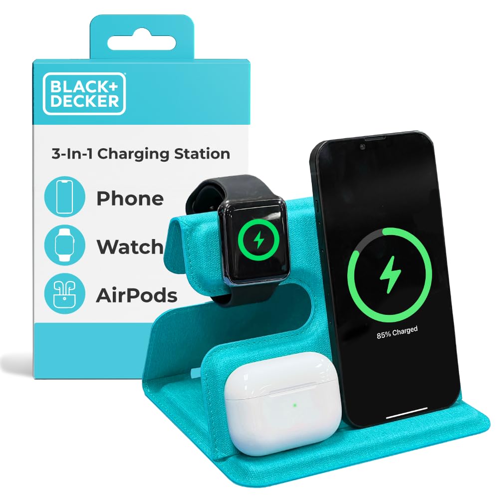 BLACK+DECKER 3 in 1 Charging Station for Apple Multiple Devices, Wireless Foldable Travel Charger for Multiple Devices iPhone 17 16 15 14 13 Pro Max Plus Apple Watch Series/AirPods (Loch Ness)