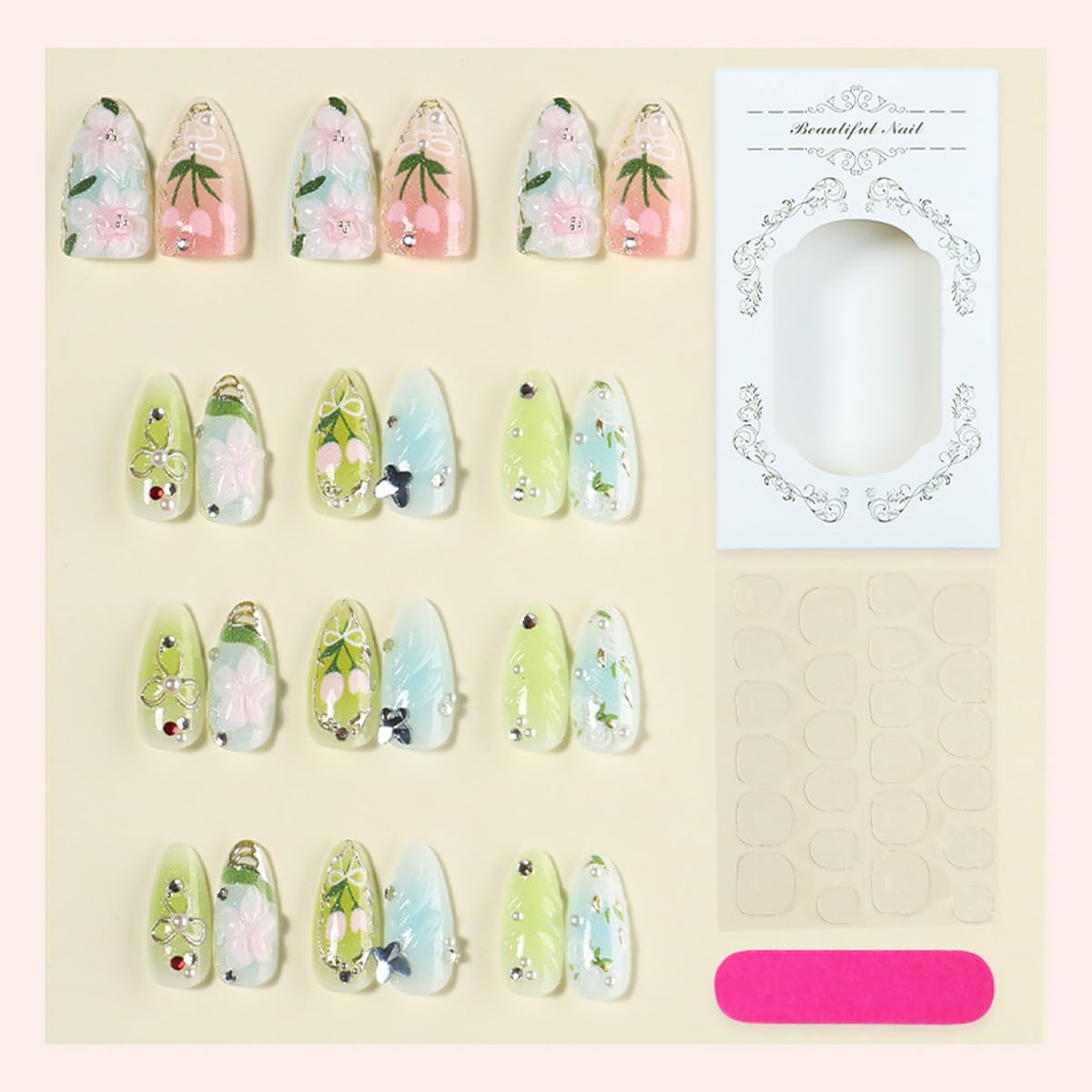 30Pcs Spring Flower Press on Nails Medium Almond Fake Nails Silver Butterfly 3D Pearl Design Gilding Bow False Nails Full Cover Artificial Glue on Nails Cute Stick on Nails for Women Acrylic Set