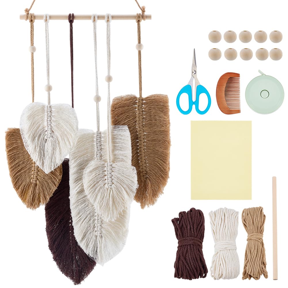 FREEBLOSS DIY Macrame Leaf Wall Hanging Beginners Macrame Kit Leaf Woven Tapestry Feather Wall Hanging DIY Macrame Kit for Adults Birthday Gift (Grey&White)