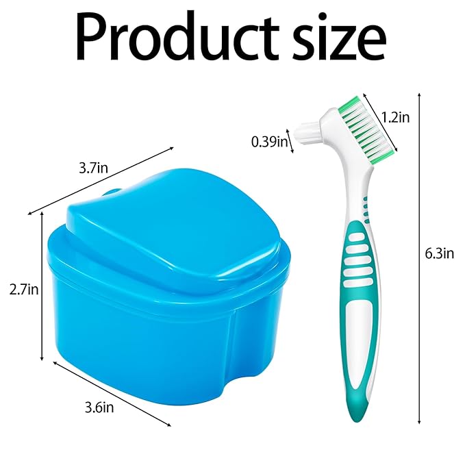 Denture Cups for Soaking Dentures, Partial Denture Holder Case Retainer Mouthguard Cleaning Box Case with 2 Small Brushes - Blue and Dark Blue